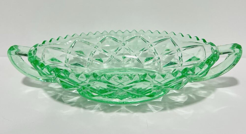 Vintage Imperial Uranium Glass Relish Bowl Dish 8" Green Diamond Block